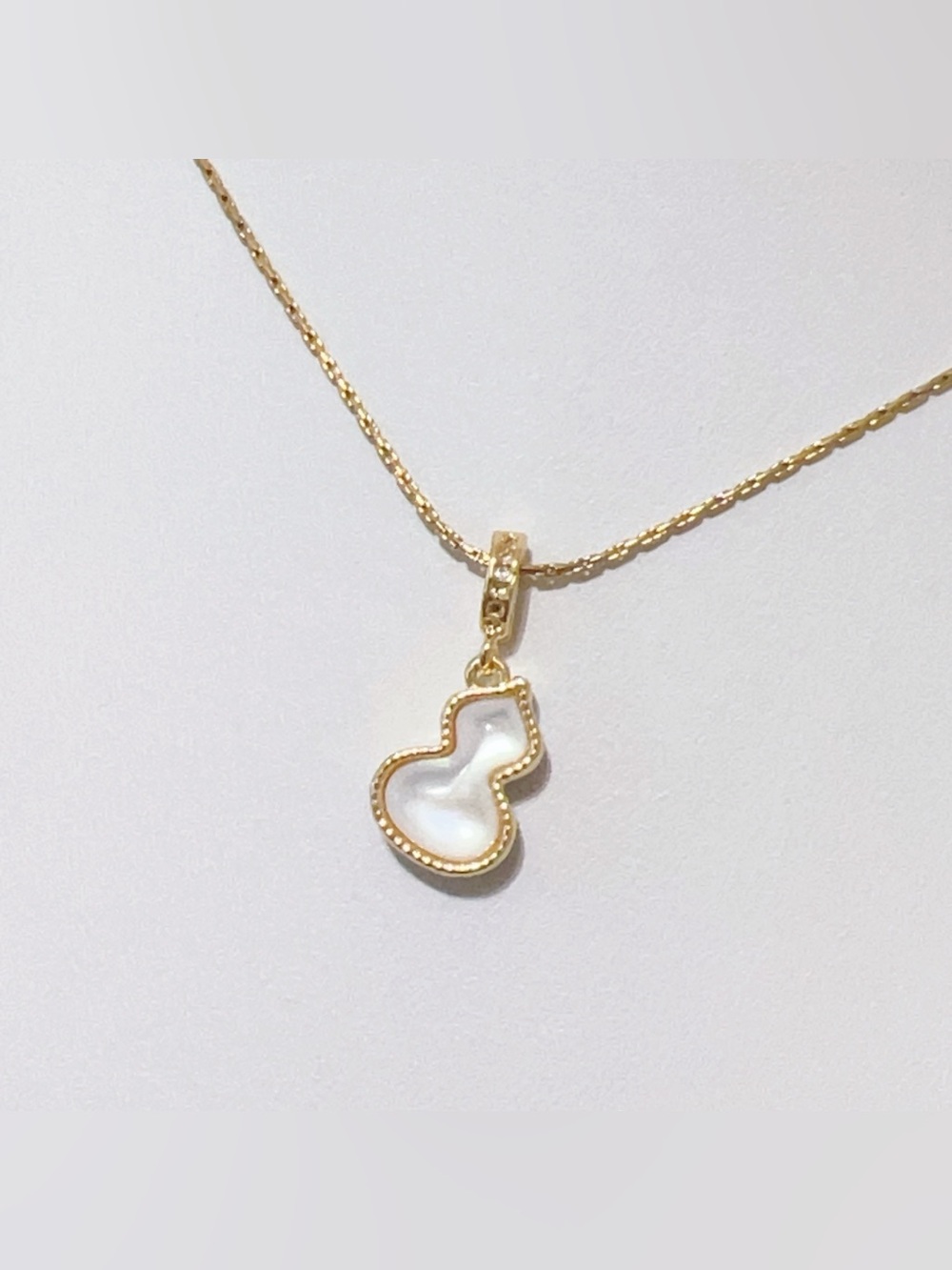 Double-Sided Dainty Gold lucky Gourd Necklace | Mother of Pearl & Blue Enamel - Picture 4 of 7
